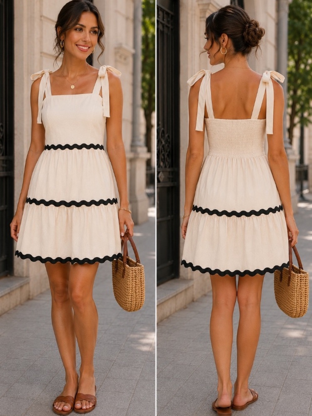 🔥 NWT ZESICA cream/black detailed straps summer mini dress size S